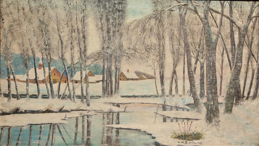 Winter Scene: Winter Scene. Title: Winter scene. Medium: Oil on Board. Size: 11.5 X 20 in. Signature: SLR. Artist: Noe Bertrand. Framed.