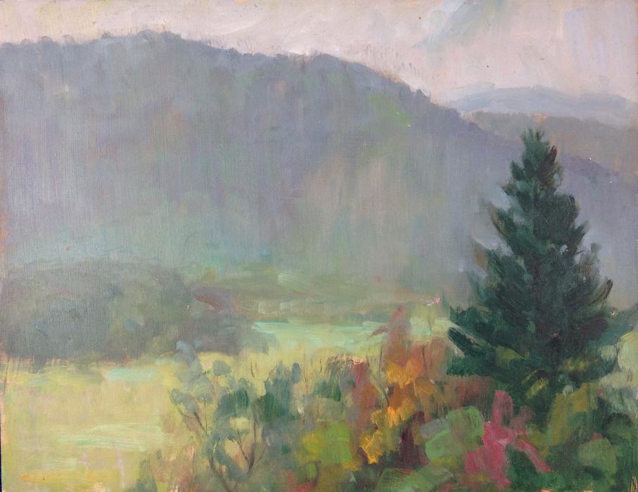 Harry Barton: Harry Barton. Title: Misty valley. Medium: Oil on masonite. Size: 11 x14 in. Signature: Estate stamp on verso. Artist: Harry Barton. Unframed.