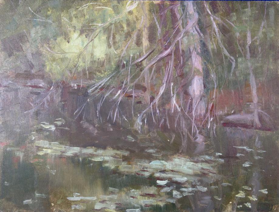 Harry Barton: Harry Barton. Title: Lily pads by the shore. Medium: Oil on masonite. Size: 12 x 16 in. Signature: Estate stamp on verso. Artist: Harry Barton. Unframed.