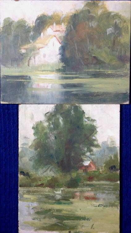 Harry Barton: Harry Barton. Title: House and barn on the water. Medium: Oil on masonite. Size: 8 x 10, 8 x 10 in. Signature: Estate stamp on verso. Artist: Harry Barton. Unframed.