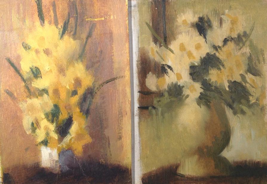Harry Barton: Harry Barton. Two 7.50 x 5 paintings. Title: Flowers still life. Medium: Oil on masonite. Size: 7.50 x 5, 7/50 x 5 in. Signature: Estate stamp on verso. Artist: Harry Barton. Unframed.