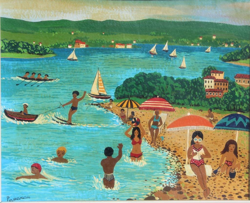 Pia Mariano: Pia Mariano. Beach scene with people swimming, sun bathing and playing games .Water activities include boating and skiing. Title: At the beach. Medium: Oil on Board. Size: 14.25 X 17.75 (sight) in. Si