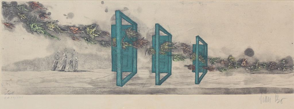 Lars Bo (1924 - 1999): Lars Bo (1924 - 1999). modern painting by Danish artist Lars Bo. Has a Brentano's Galleries label on back. Also EA 20/30. Title: Les Portes"". Medium: Etching. Size: 6.25 x 19.25 in. Signature: SLR. A