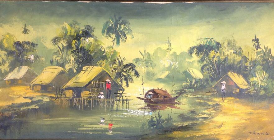 Vietnamese painting, illegible: Vietnamese painting, illegible. Picked up DEc. 25, 1969 in Vietnam, small village with palm trees, huts, fishing boat ducks, adults, child, Lush forest surrounds. Frame : 15.50 x 29. Title: Vietnamese