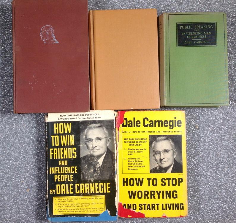 Five early Dale Carnegie book, one Signed: Five early Dale Carnegie book, one Signed. Public peaking and influencing Men in Business,How to win friends and influence people, How to stop worrying and start living, Dale Carnegies Biographical Ro