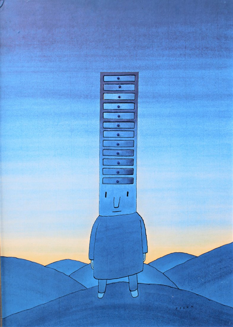 Jean-Michel Folon, Olivetti Calendar, Print, c1971: Jean-Michel Folon (1934 - 2005). Man\'s head is full of draws, The drawers can be opened up to show the calendar below, by month with days, , ( with knobs - added on) FR 26 X 18.75. Title: untitled. M