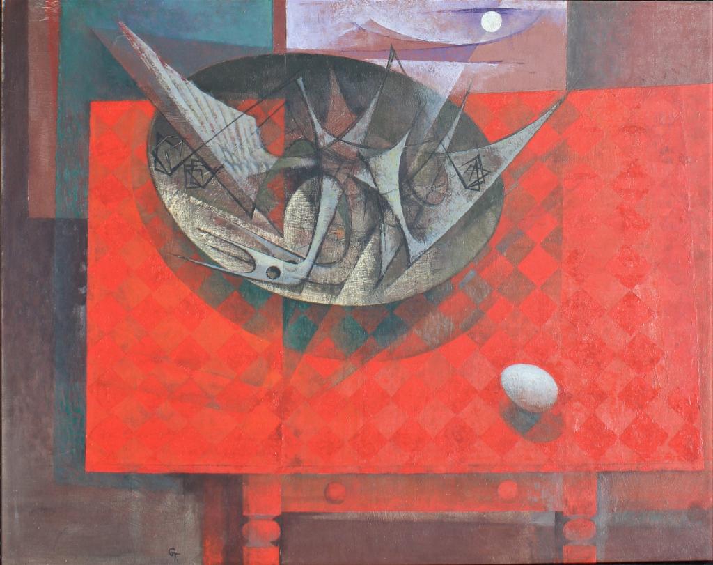 School of Barnard Buffet, Modern painting: School of Barnard Buffet, Modern painting. Fr 35 X 29. Title: Red and Grey Egg. Medium: Oil on Board. Size: 23 x 29 (sight) in. Signature: Initials/Monogram. Artist: GT. Framed.