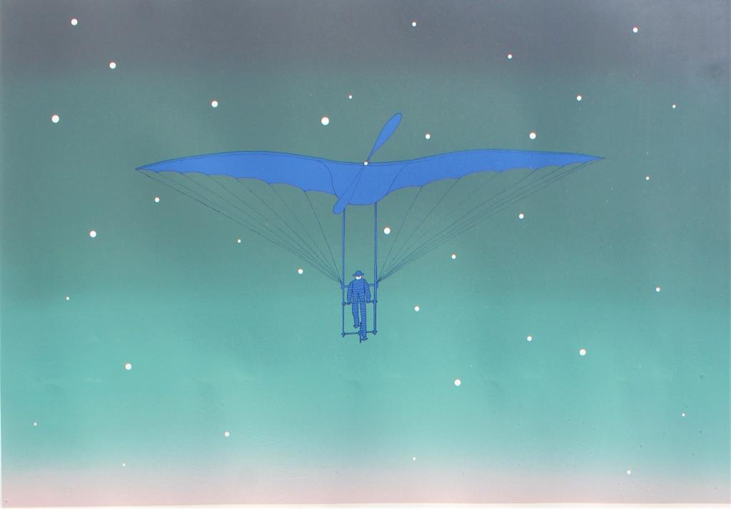 Jean-Michel Folon, L Inention (Hang Glider): Jean-Michel Folon, L'Ivention (Hang Glider). Signed and numbered EA XIV / XX in pencil by artist Circa 1978 FR 28.5 x 37. Title: L'Ivention (Hang Glider). Medium: serigraph. Size: 20 x 29 (picture) in