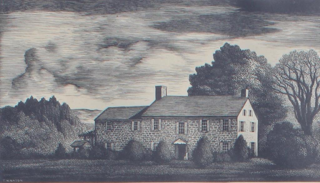 Bucks County Farmhouse (Erwinna PA): Bucks County Farmhouse (Erwinna PA). Information on back. FR 8 X 10.5. Title: “Roaring Rocks" Medium: Wood engraving Size: 3.5 X 6.5 in. Signature: SLR. Artist: Thomas W. Nason, American (1889 - 197