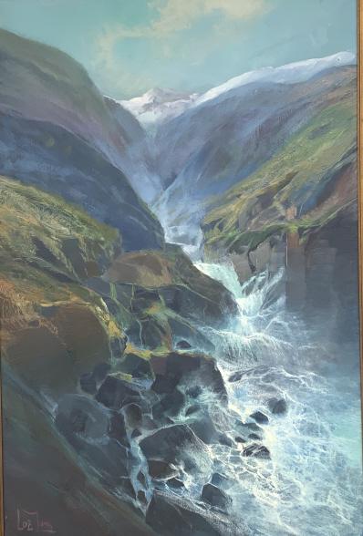 De Yong, mountain stream: De Yong, mountain stream. Title: Mountain stream. Medium: Oil on Canvas. Size: 36 x 24 in. Signature: On verso. Artist: de Jong. Framed.