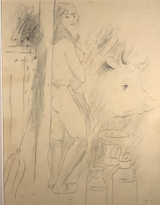 Nude model in barn, Marcel Vertes (1895 - 1961): Nude model in barn, illegible. Title: nude inside the barn. Medium: Pencil. Size: 17.25 x 13.25 in. Signature: Illegible. Artist: Illegible. Unframed. Possible Marcel Vertes (1895 - 1961)