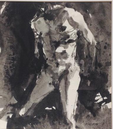 Kurt Koenig, 1936- 1969, Male figure Study: Koenig. Title: Male nude study. Medium: Watercolor. Size: 10.50 x 9.25 in. Signature: SLR. Artist: Koenig. Framed.Had a studio in Austria, before finishing his life in Canada.