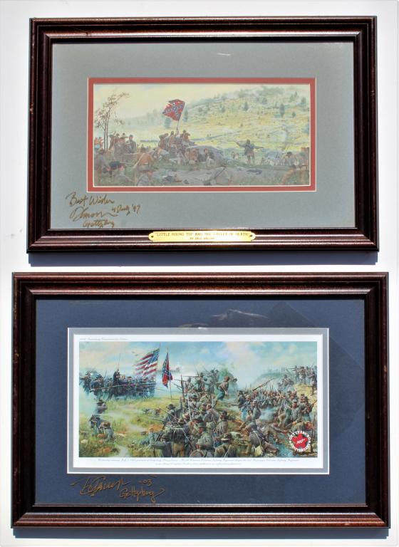 Pair of Civil War paintings: Pair of Civil War paintings. Title: Little Roun Top and The Valley of Deat. Medium: Print. Signature: SLL. Artist: Dale Gallon. Framed. frame size: 10.50 x 15.50, 10 x 14.75
