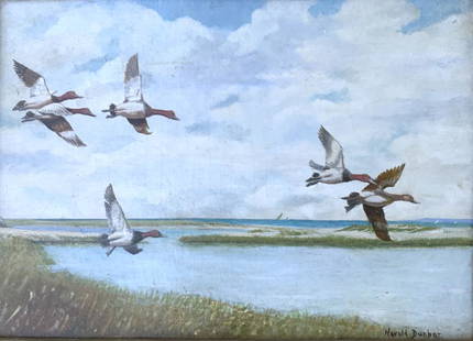 Harold Dunbar, Ducks landing: Harold Dunbar, Ducks landing. Ducks coming in for a landing along the shore. Frame size: 16.75 x 22.50. Dunbar studied with Ernest Lee Major (1864-1950) and Joseph De Camp (1858-1923) at the