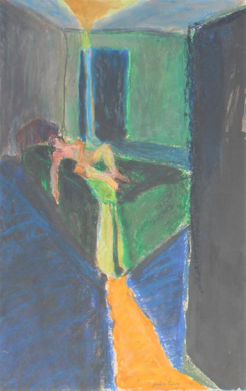 Woman on bed: Woman on bed. Signed and dated 11/91 in pencil by artist. FR 21/5 x 15.5. Title: The Light upon her. Medium: Acrylic. Size: 18.25 x 1.75 in. Signature: SLR. Artist: Elizabeth Carney. Framed.
