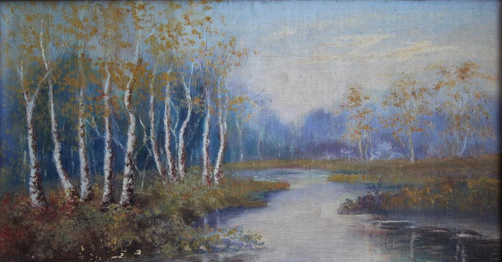 Birch trees by the river: Birch trees by the river. FR; 10.5 x 16. Title: Landscape. Medium: Oil on Canvas. Size: 6.5 x 12 in. Signature: Unsigned. Framed.
