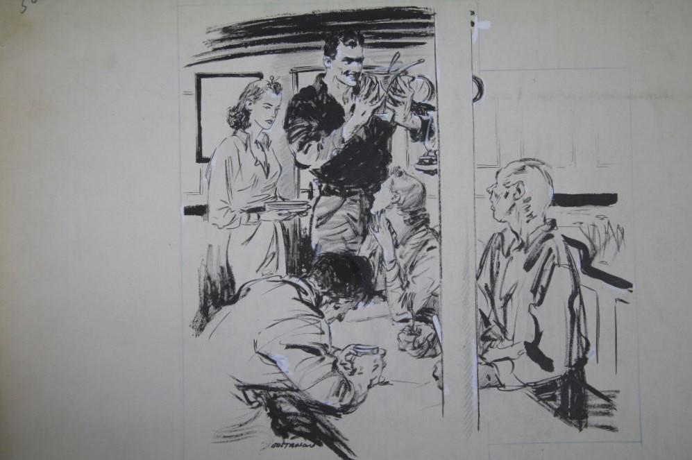 Leland Gustavson (American 1894-1966) Illustrator: Leland Gustavson (American 1894-1966) Illustrator. Man on food with people at the table. Caption reads, Tom was magnificent when short -handed, doing the work of three men..It gave him to good of a ch