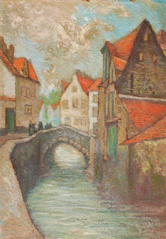 Bruges,Belgium: Bruges,Belgium.. Title: Bruges,Belgium. Medium: Oil on Board. Size: 17.5 x 12 in. Signature: SLR. Artist: Cynthia Britt. Framed.