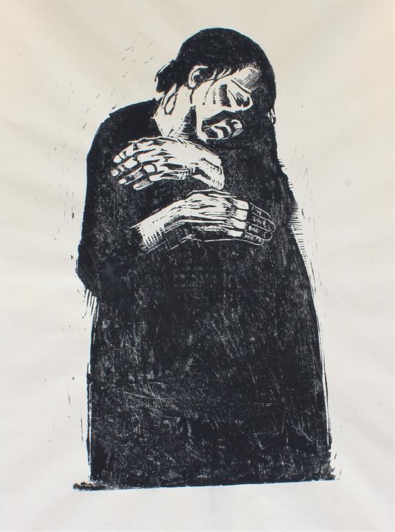 Kathe Kollwitz, woodblock, restrike: Kathe Kollwitz, woodblock, restrike. Mat 26.5 X 20.5, Eva Lee Gallery label included, Restrike. Title: Witwe I. Medium: Woodblock (restrike). Size: 14.5 X 9 in. Signature: Unsigned. Artist: Kathe Koll