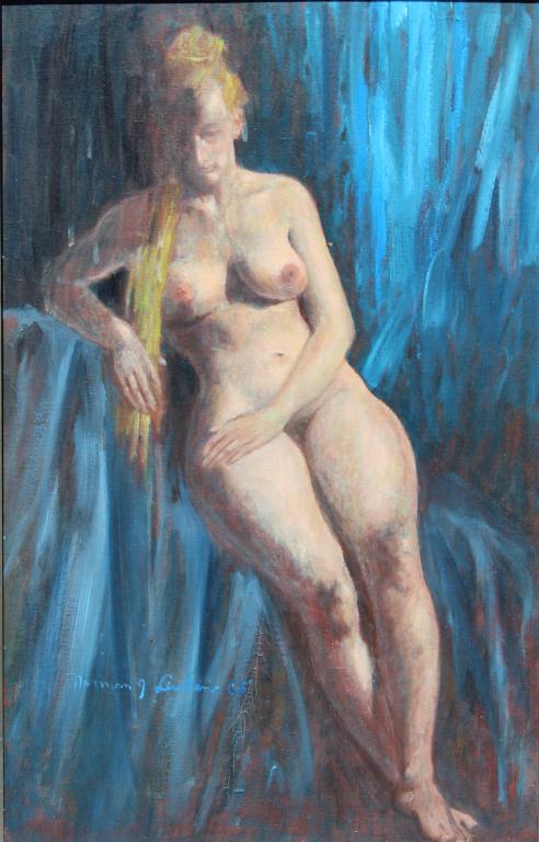 Female Nude model study: Female Nude model study. Signed and dated 65.. Title: The Nude. Medium: Oil on Canvas. Size: 26 X 16 in. Signature: SLR. Artist: Norman J Linden. Unframed.