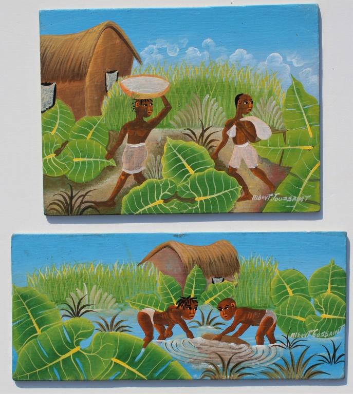 Pair of Caribbean Paintings: Pair of Caribbean Paintings. Albert Toussaint is an Artibonite artist who studied under master painter Ismael Saincilus.. Title: Morilius. Medium: Oil on Board. Artist: Albert Toussaint. Unframed.