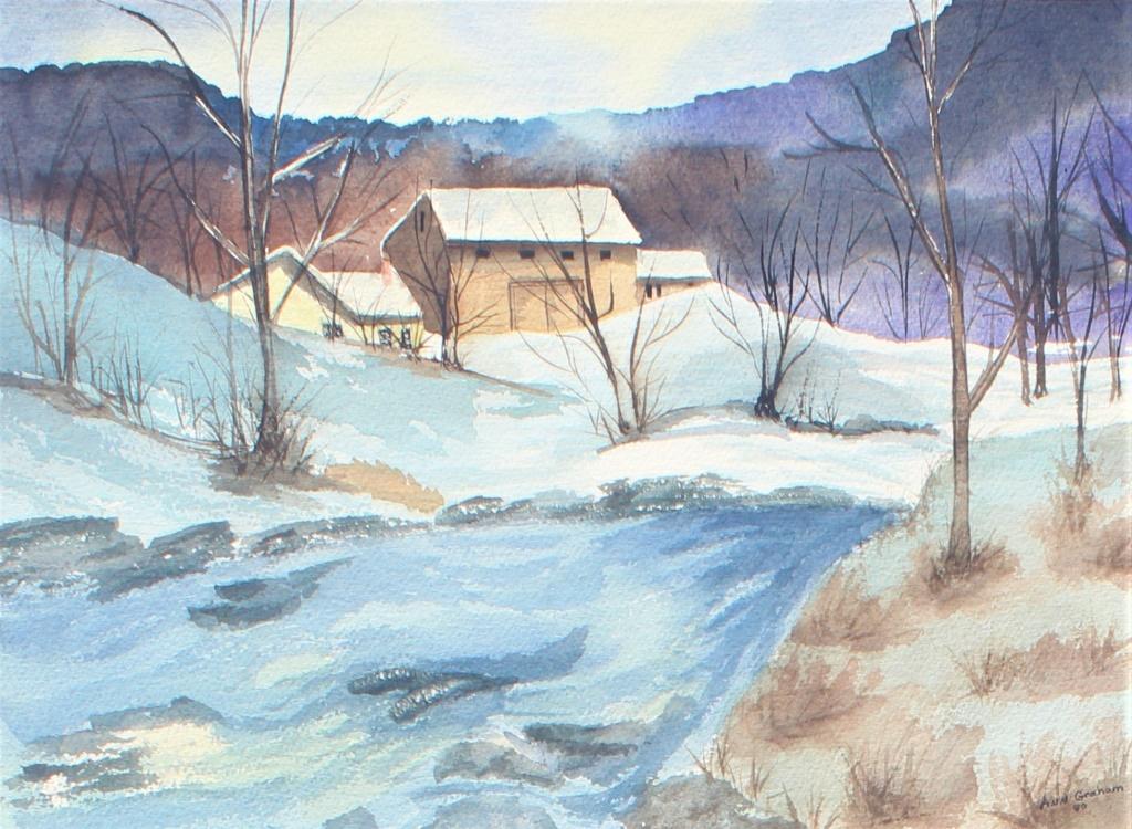 Ann Gorham, Vermont Scene: Ann Gorham, Vermont Scene. FR 16.25 X 27.25, dated 80. Title: Vermont Scene. Medium: Watercolor. Size: 10 X 14 (sight) in. Signature: SLR. Artist: Ann Graham. Framed.