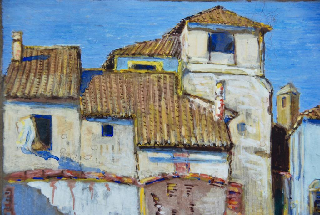 Tile roofs: Tile roofs. European Red tile roofs on old buildings. Title: Tile Roofs. Medium: Gouache. Size: 9 x 11 in. Signature: Unsigned. Artist: unknown. Unframed.