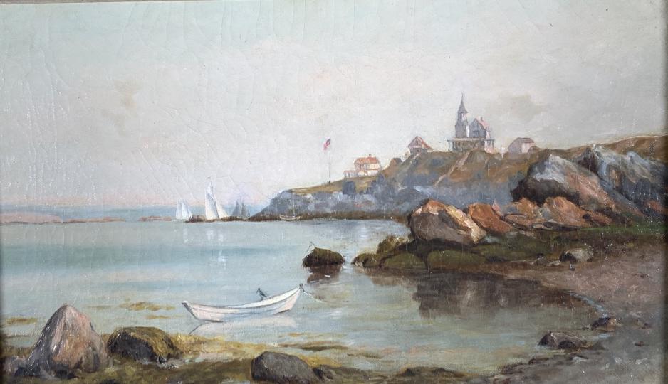 Prout's Neck, Maine, Coastline and houses: Prout's Neck, Maine, Coastline and houses. Detail... houses, flag, sails in distance, dory with sand piper on rail. Title: Prouts Neck, Maine, shoreline. Medium: Oil on Canvas. Signature: Unsigned. Fr
