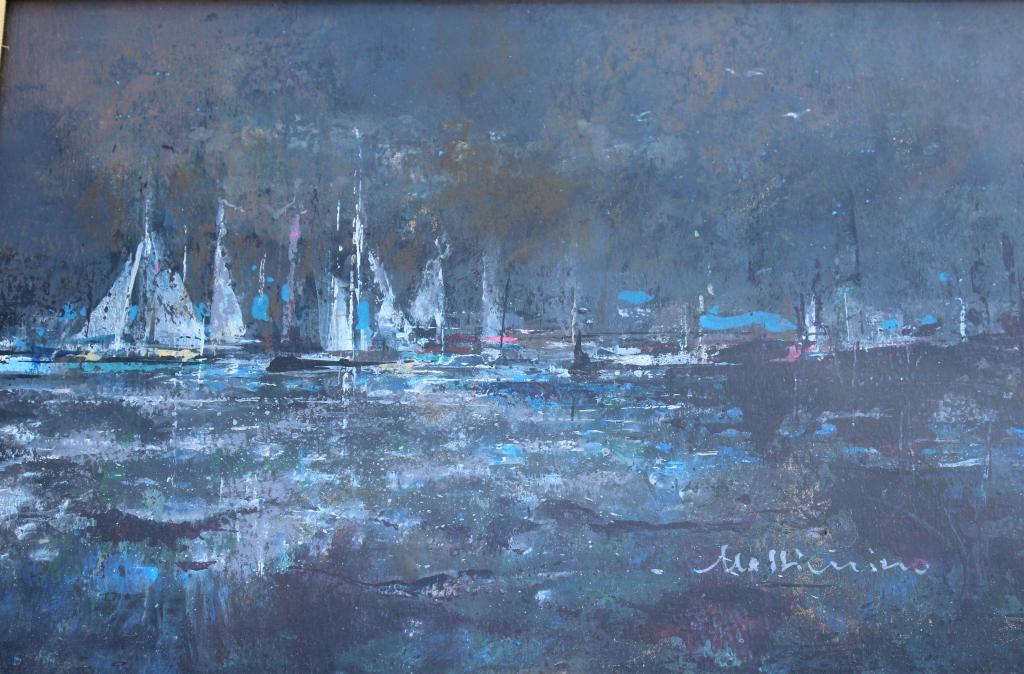 John Massimino, modern, boats in the harbor: John Massimino. Born in New Haven, Massimino's work has been exhibited widely, including a one-man show at the New Britain Museum. Framed and matted unders glass. FR 8.75 x 11.75. Title: Boats in the 