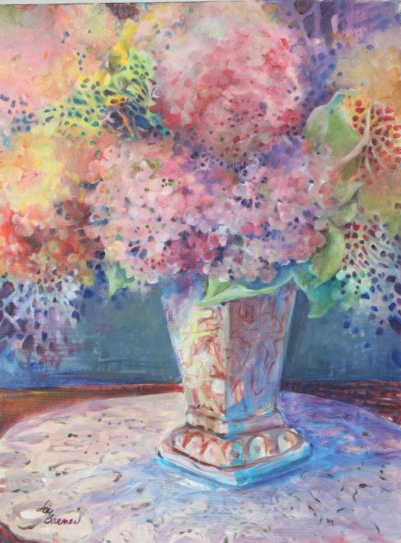 Joy Barnes Colorful Hydrangeas: Joy Barnes Colorful Hydrangeas. Title: Colorful Hydrangeas. Medium: Oil on Canvas. Size: 24 x 18 in. Signature: SLL. Artist: Joy Barnes. Unframed.