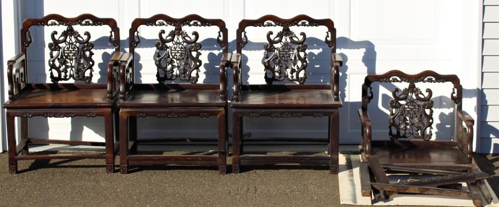 Chinese Throne Chairs, bat is carved in back of chair (1 of 15)