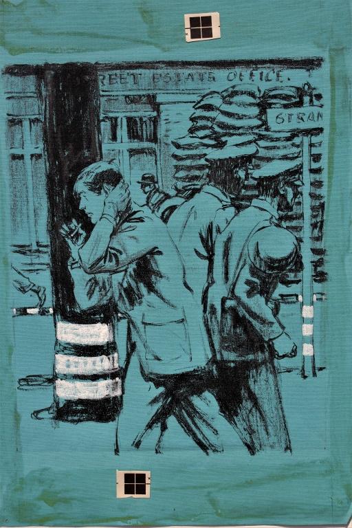 Leland Gustavson (American 1894-1966) Illustrator: Leland Gustavson (American 1894-1966) Illustrator. Man smoking a cigarette walking away from two soldiers .Drawing is on a window shade. Leland R. Gustavson was active/lived in New York, Illinois. Lel