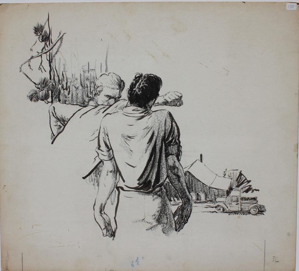 Leland Gustavson (American 1894-1966) Illustrator: Leland Gustavson (American 1894-1966) Illustrator. Man slugging another man with house and truck in the background. Blue Book Magazine label on back. Leland R. Gustavson was active/lived in New York,