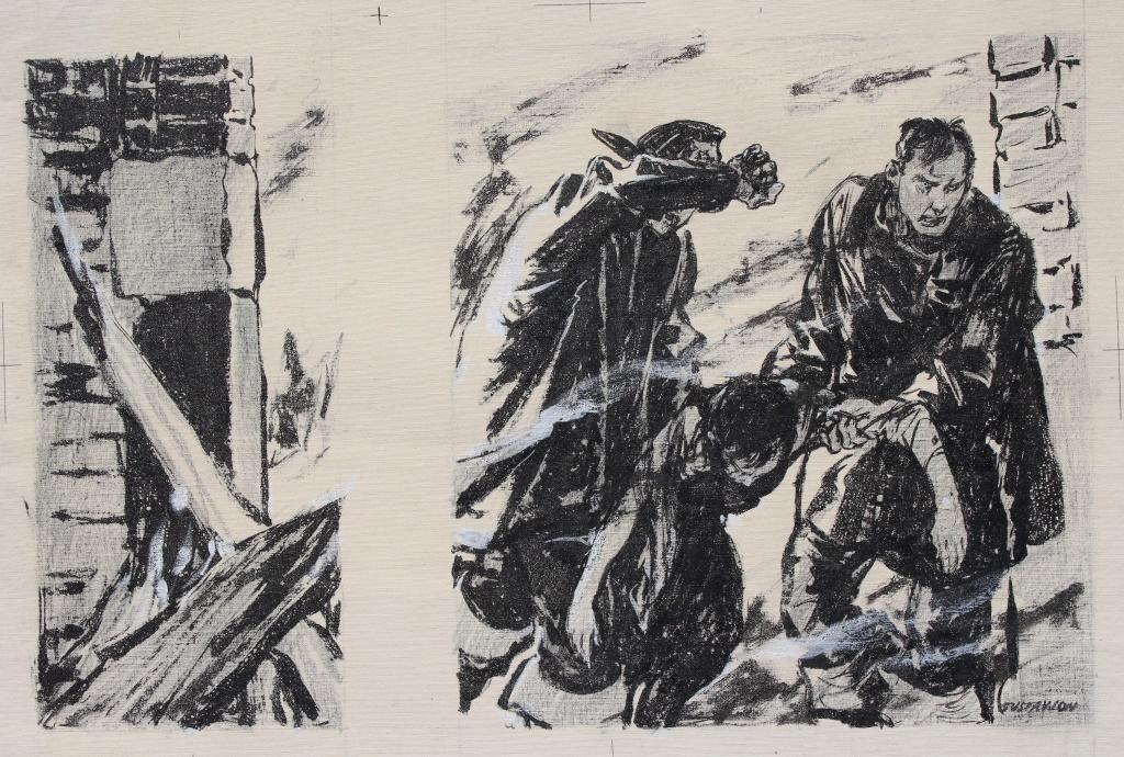 Leland Gustavson (American 1894-1966) Illustrator: Leland Gustavson (American 1894-1966) Illustrator. Fireman rescuing man from a building. Drawing on a window shade. Leland R. Gustavson was active/lived in New York, Illinois. Leland Gustavson is know