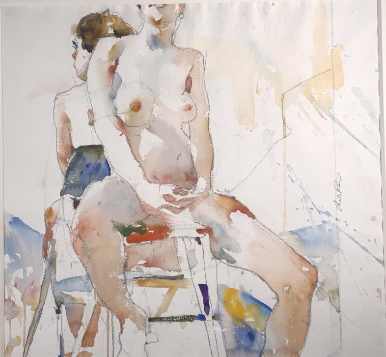Charles Reid, nude sitting study: Watercolor is signed by Charles Reid, Ct artist and famous author of books on watercolor signature, nude sitting study. Frame size: 23.25 x 23.50. Title: Nude study sitting. Medium: Watercolor. Size:
