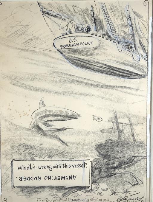 Clarence D. Batchelor, Editorial cartoon: Clarence D. Batchelor, Editorial cartoon. Better known as C. D. Batchelor was an American Editorial cartoonist. He won a Pulitzer Prize in 1937. Title: U. s. Foreign Policy - Rudderless. Medium: Charc