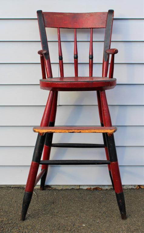 Old red painted high chair: Old red painted high chair. Title: Old fashion high chair. Medium: Wood. Size: 34 x 13 x 14 in. Unframed.