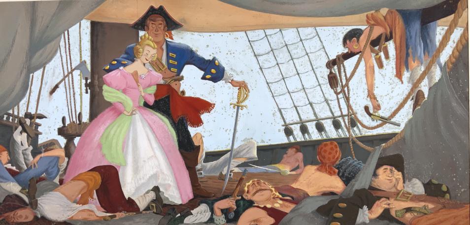 Arthur Cumings, Pirates, illustration: Arthur Cumings, Pirates, illustration. Board size: 14.75 x 24. Title: Pirates. Medium: Gouache. Size: 8.75 x 17.50 sight in. Signature: Estate stamp on verso. Artist: Arthur Cumings. Unframed.