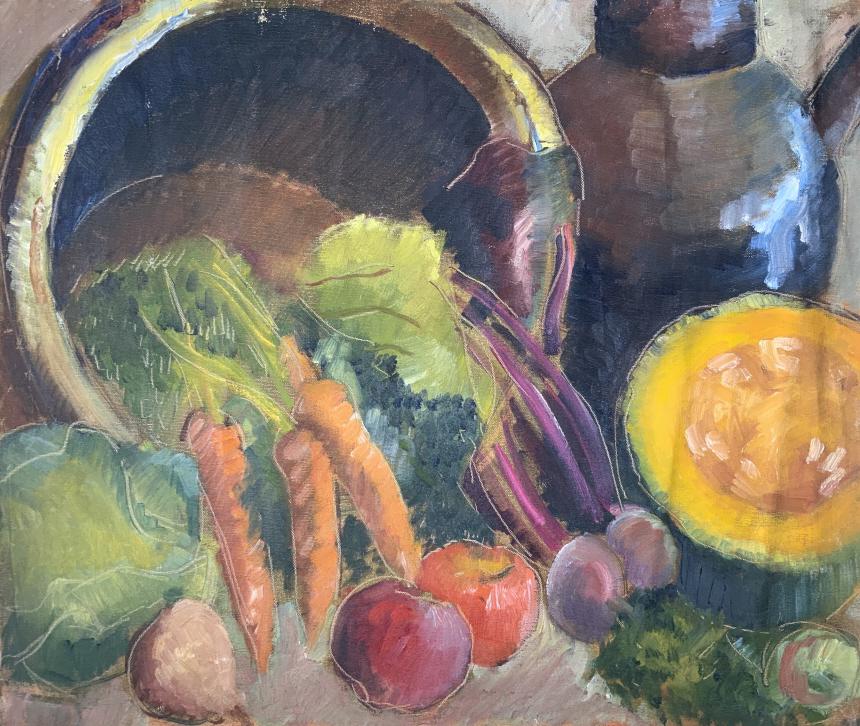 Arthur Cumings, Still life carrots, beets apples: Arthur Cumings, Still life carrots, beets apples. No stretcher. Title: Carrots, Beets, apples, Still life. Medium: Oil on Canvas. Size: 20 x 24 in. Signature: Estate stamp on verso. Artist: Arthur Cum