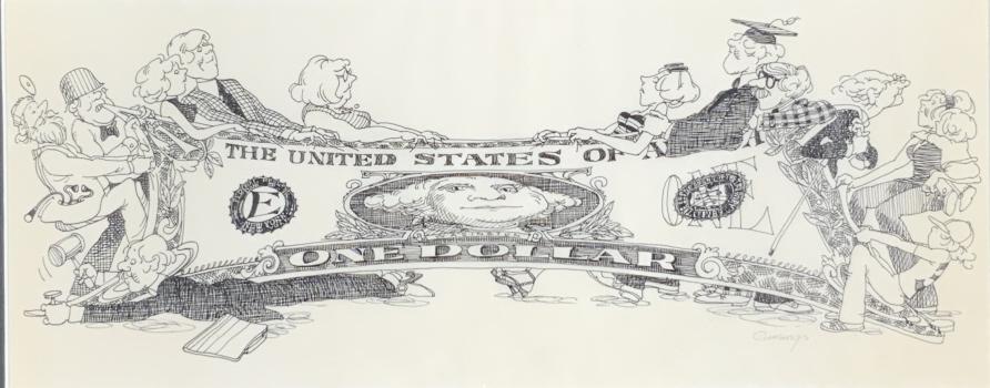 Arthur Cumings, Illustration, Stretching/ Dollar: Arthur Cumings, Illustration, Stretching/ Dollar. FRame size: 10.75 x 20,75. Title: Stretching the Dollar. Medium: Pen & Ink. Size: 6.75 x 16.50 sight in. Signature: SLR. Artist: Arthur Cumings. Frame