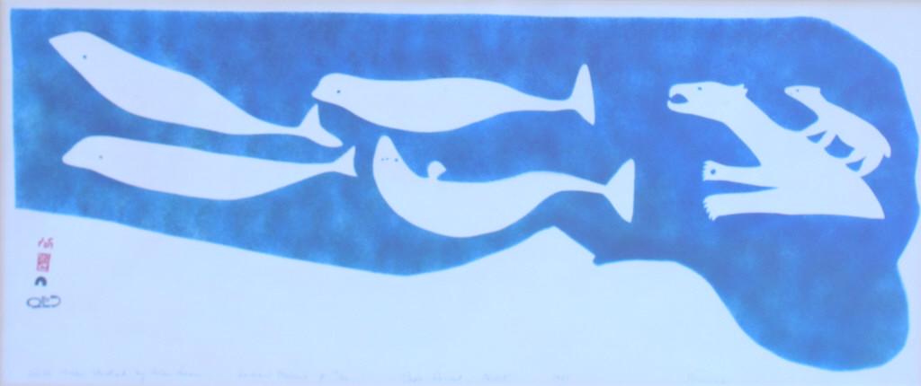 Sheouak Petaulassie White Whales/polar bears 1961: Sheouak Petaulassie White Whales/polar bears 1961. Cape Dorset, N. W. T. , edition 13/50, signed in pencil . Frames: 17.25 x 32.50 inches She grew up in Kinngait (Cape Dorset) area.. Title: White Whal