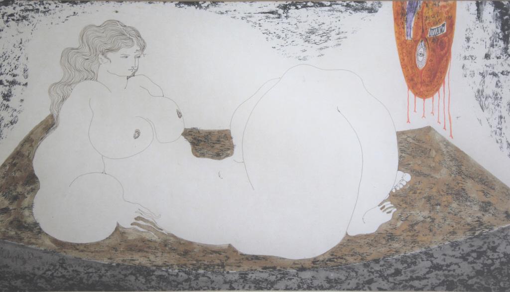 Reclining nude: Reclining nude. FR: 17 x 25. Medium: Lithograph. Size: 9 x 17 (sight) in. Signature: SLL. Framed.