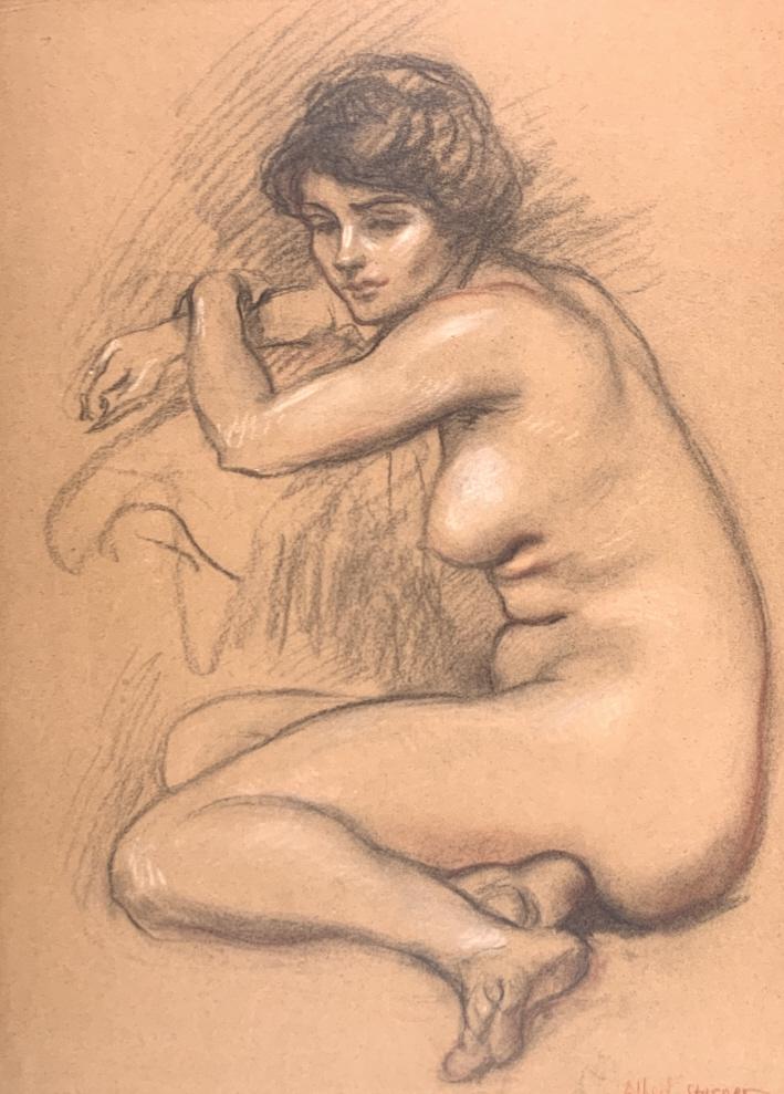 Albert Edward Sterner, nude model sitting, 1910: Albert Edward Sterner, nude model sitting, 1910. Frame 23.25 x 18.50 , 1910. Title: Sitting nude. Medium: Mixed media. Size: 21.50 x 16.50 in. Signature: SLR. Artist: Albert Edward STERNER (1863-1946)