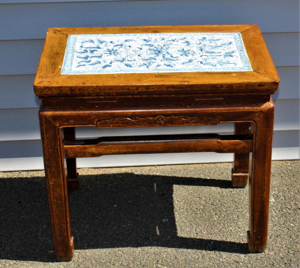 Asian side table with blue tile top (1 of 3)