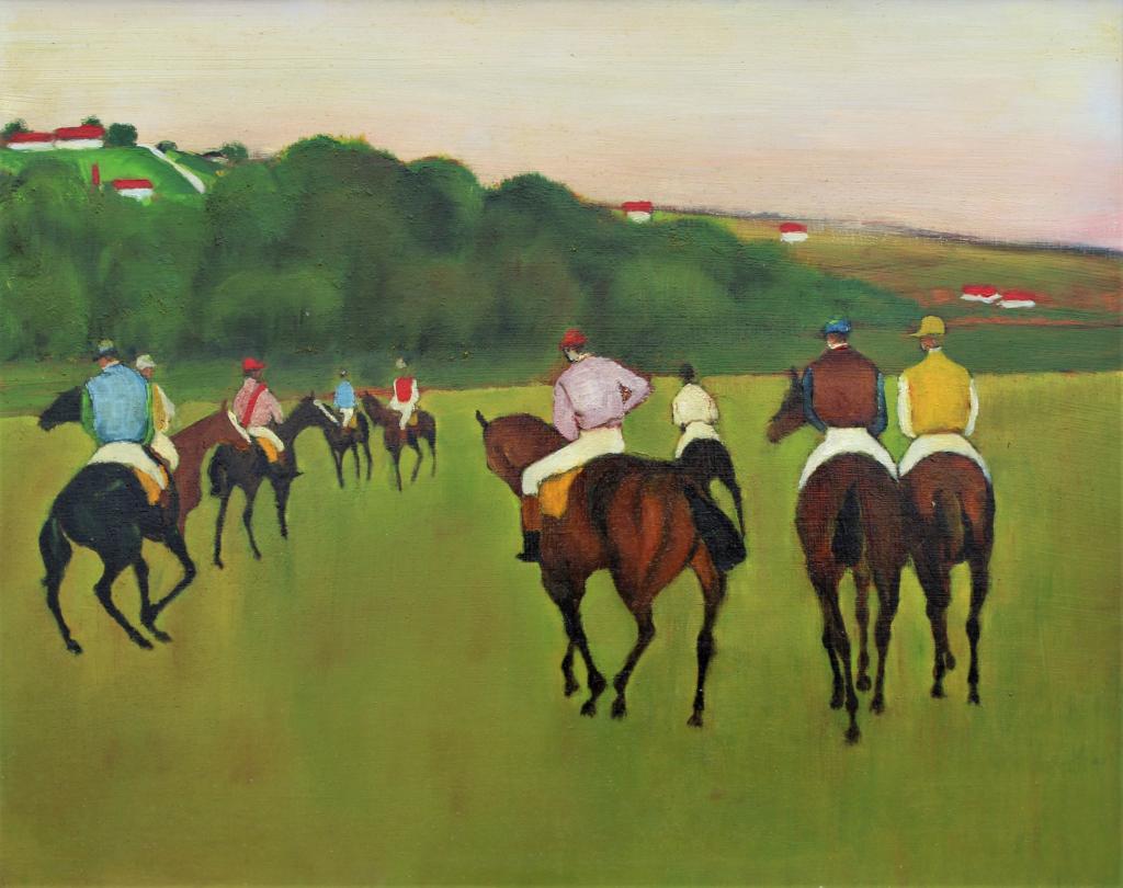 After Edgar Degas, Copy by William Cassidy: After Edgar Degas, Copy by William Cassidy. Label on verso, Racehorse at Long Champs, Circa 1875, by Edgar degas, original in Boston Museum of Fine Arts, Copy by William Cassidy. Frame size: 18.50 x 2