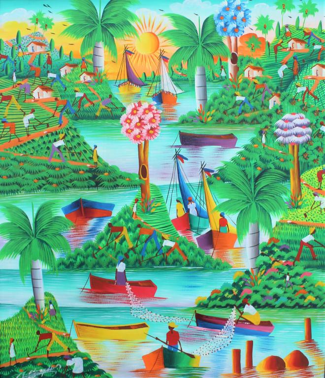 Jamican scene, signed and dated 94: Jamican scene, signed and dated 94.. Title: Caribbean scene. v Size 23.75 x 20 Medium: Oil on Canvas. Artist: Edouard. Framed.FR:25.5 x 22