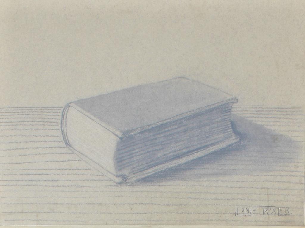 Leonie Troxler, Pencil study of book: Leonie Troxler, Pencil study of book. 11.27 x 14.25. Title: Pencil study of book. Medium: Charcoal. Size: 9.5 x 13 in. Signature: SLR. Artist: Leonie Troxler. Framed.