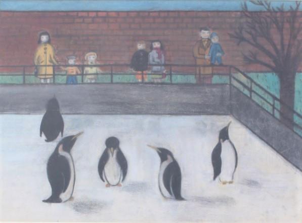 Penguins at the zoo: Penguins at the zoo. People watching the penguins. FR 24 X 30. Title: Penguins at the zoo. Medium: Pastel. Size: 17 X 23 in. Signature: Unsigned. Framed.