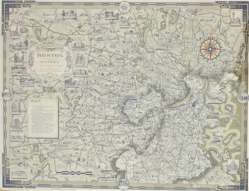 Ernest Dudley Chase, Map of Boston vicinity: Ernest Dudley Chase, Map of Boston vicinity. Pencil signed by publisher, Copyright 1938 Jordan Marsh label on back. Jordan Marsh (officially Jordan Marsh & Company) was an American department store ch
