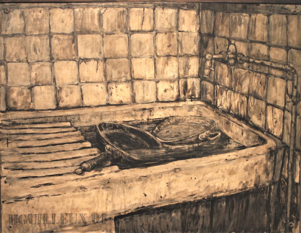 Herve Guilleux, Skillet and pot in sink: Herve Guilleux, Skillet and pot in sink. Herve Guilleux (Born 1964) is active/lives in France. Herve Guilleux is known for Painting. FR;29 x 37.25. Title: Skillet and Sink. Medium: oil. Size: 28 x 36.